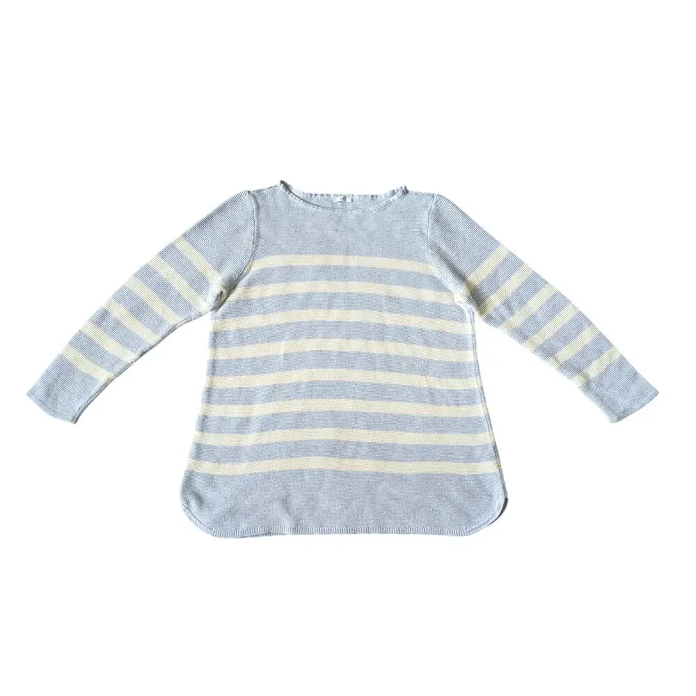 J.Jill Sweater Womens L Cotton Grey Butter Yellow Striped Coastal Grandma Mature